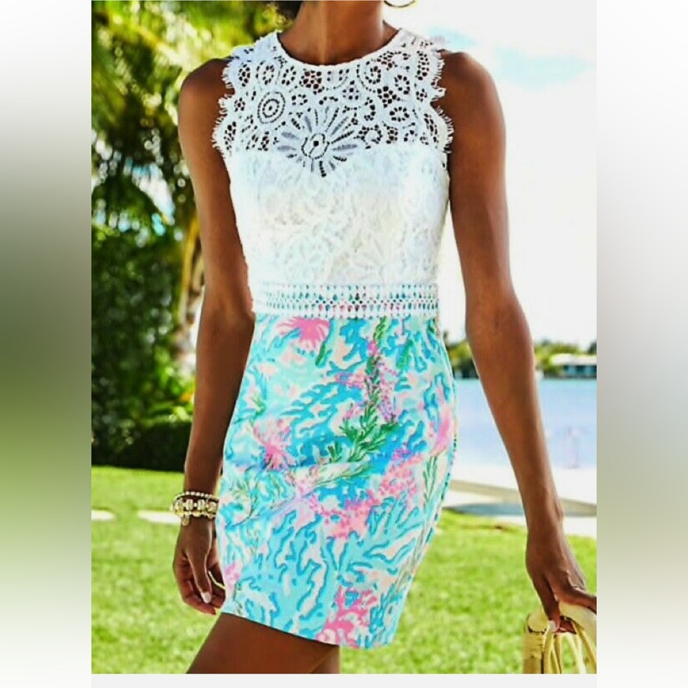 Lilly Pulitzer White Lace Bodice Blue Pink Green Printed Mini Dress